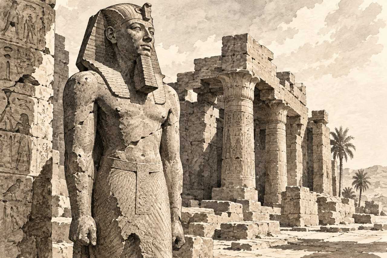 Pharaonic statue amid ancient temple ruins