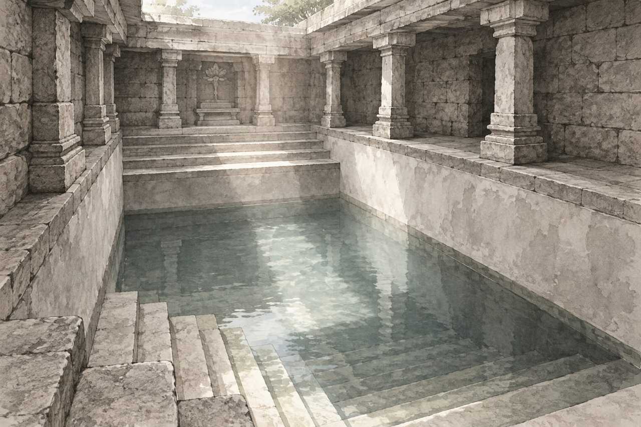 Ancient stepped stone ritual bath beneath excavation site